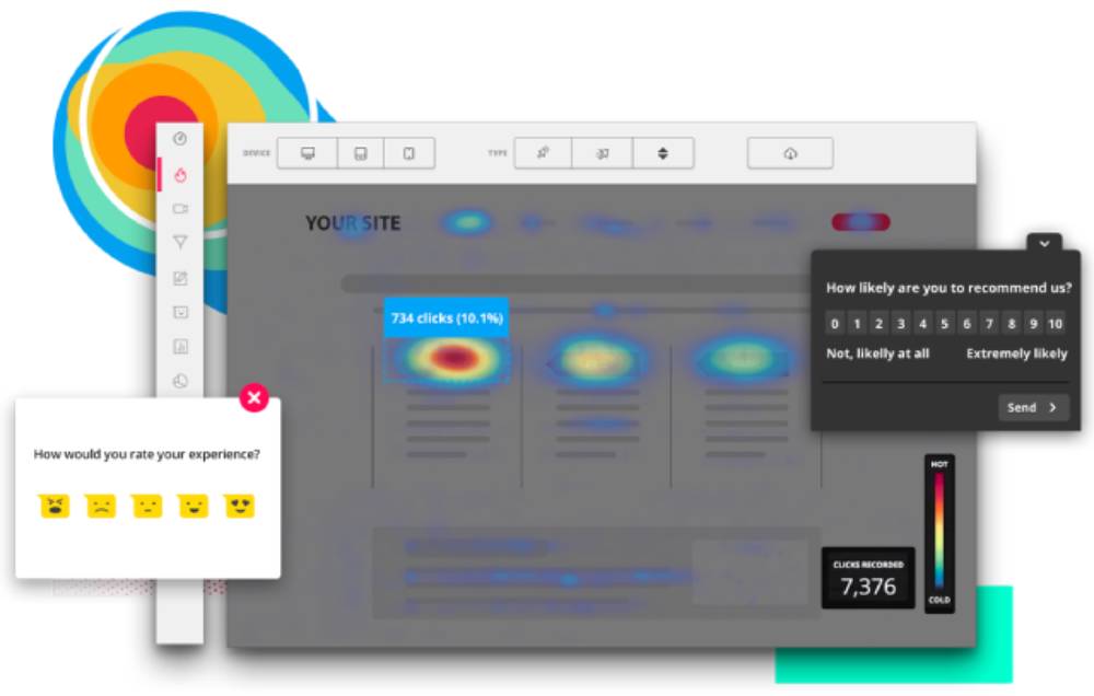 Infographic displaying a heatmap with click data and user feedback options, illustrating website engagement metrics.