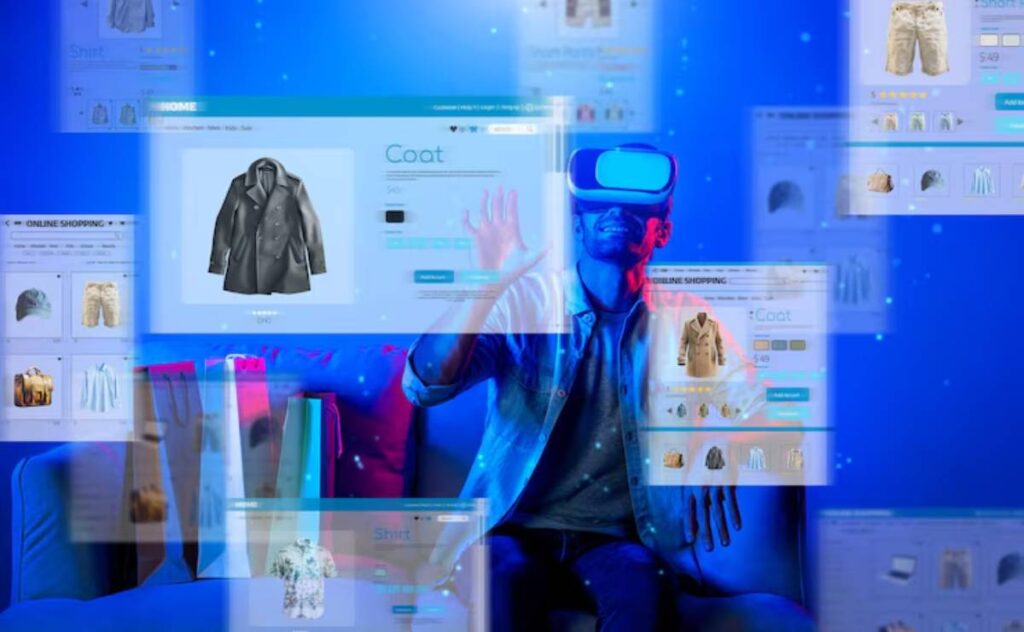 A person using a VR headset interacts with floating online shopping interfaces displaying clothing options amid a blue background.