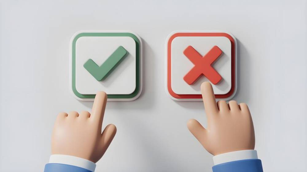 A hand pressing a green check mark button on the left, while another hand hovers over a red cross button on the right.