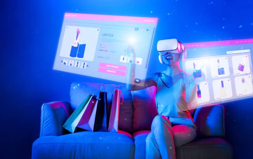 A person wearing a VR headset interacts with virtual beauty product displays while sitting on a blue couch, surrounded by shopping bags. 