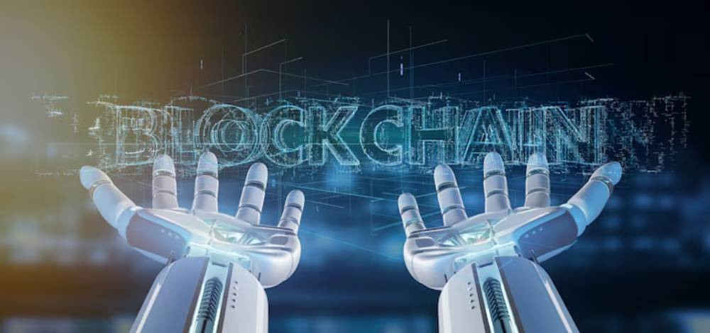 A futuristic robotic hand holds the glowing word 'BLOCKCHAIN,'  symbolizing technology and innovation.