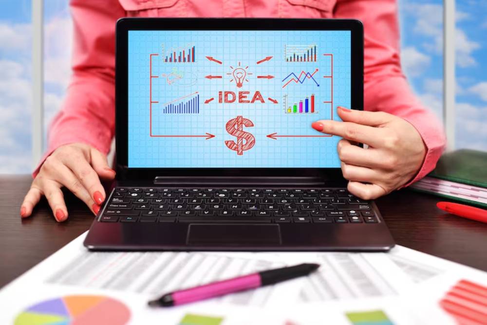 A person points at a laptop displaying a flowchart connecting 'IDEA' to graphs and a dollar symbol, with documents on the desk.