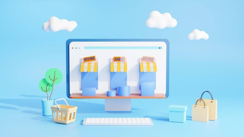 A 3D illustration of a computer displaying virtual stores, surrounded by shopping bags and a plant against a blue sky background.