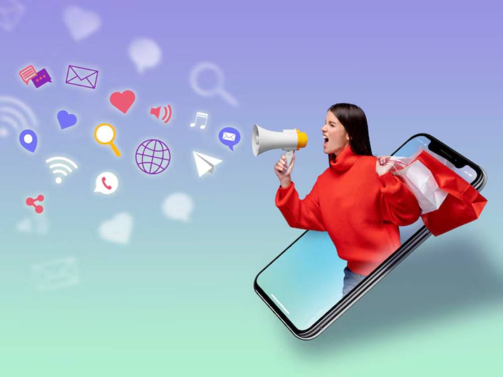 A woman in a red sweater holds a megaphone and shopping bags, emerging from a phone, surrounded by colorful social media icons.