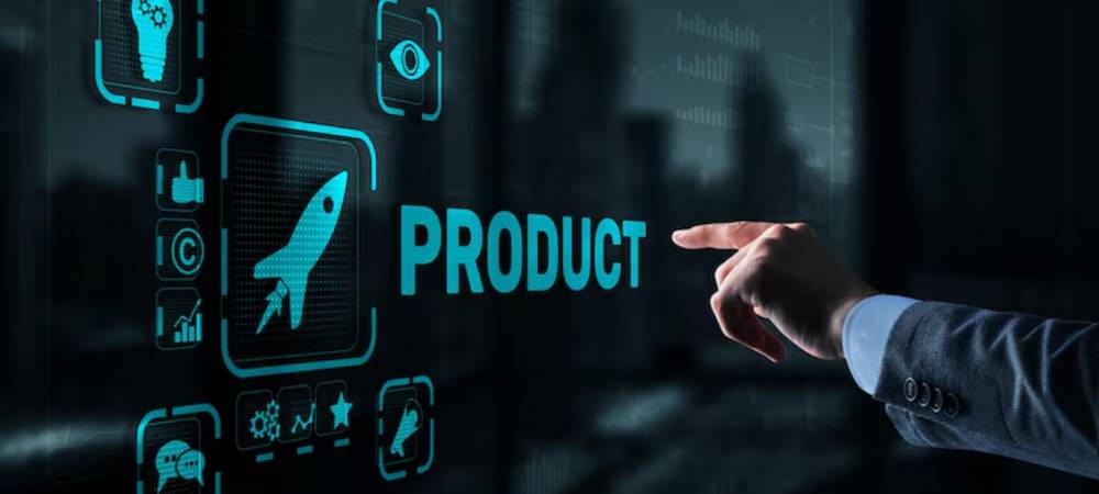 A business professional points at a digital display featuring the word 'PRODUCT' surrounded by tech-related icons and graphics.