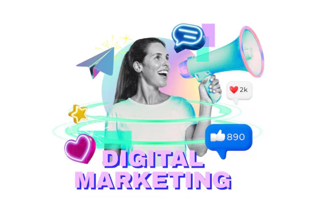 A person holds a megaphone surrounded by colorful digital icons, emphasizing themes of communication and digital marketing.