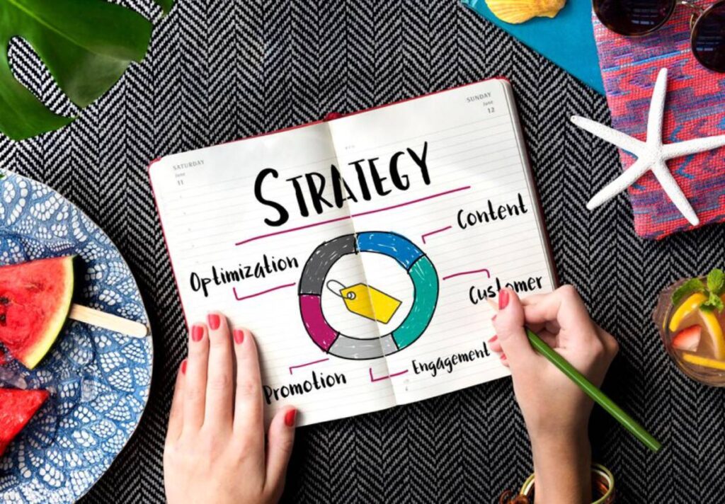 A hand holding a green pen writes about a strategy diagram in a notebook, surrounded by tropical elements like watermelon and drinks.