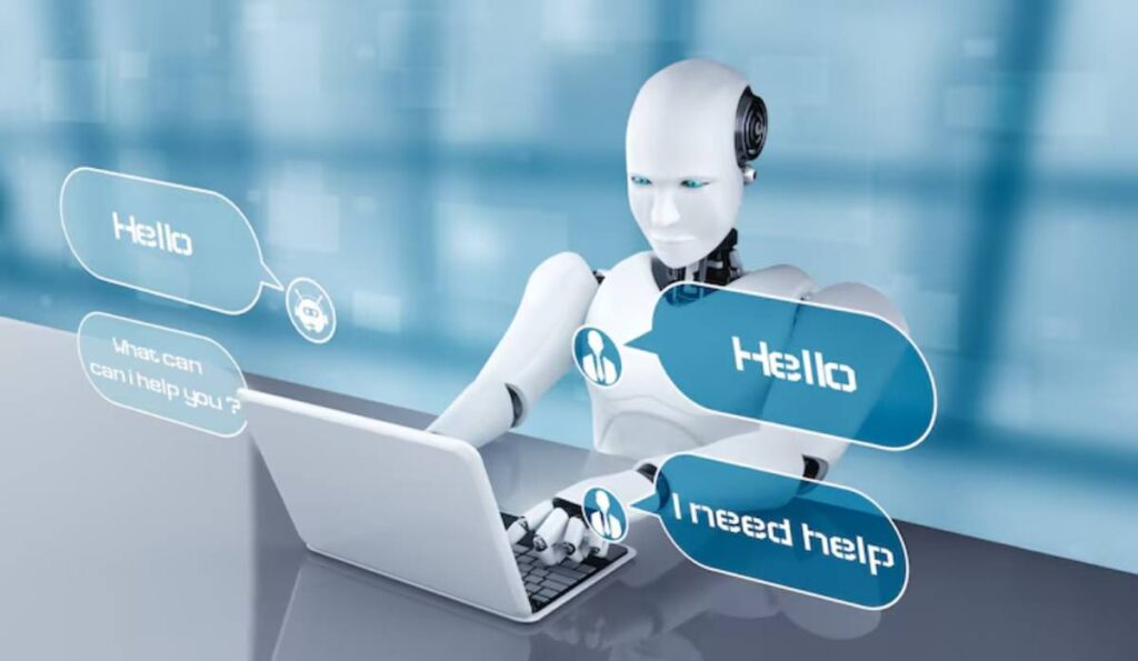 A humanoid robot typing on a laptop with floating chat bubbles displaying 'Hello' and 'I need help' on a blurred blue tech-themed background.