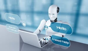 A humanoid robot typing on a laptop with floating chat bubbles displaying 'Hello' and 'I need help' on a blurred blue tech-themed background.