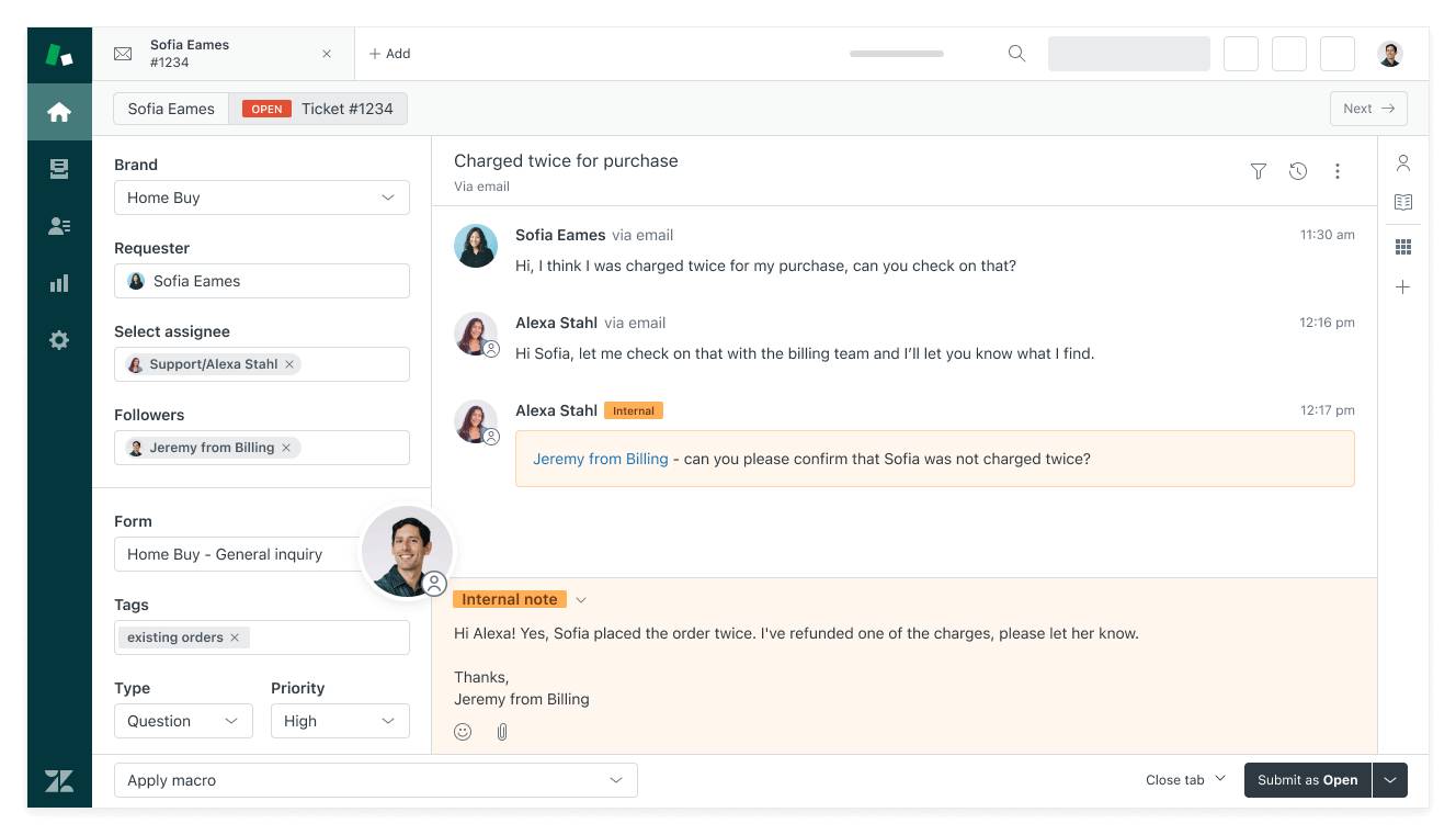 Customer support dashboard showing a ticket from Sofia Eames about being charged twice. Alexa Stahl responds with internal notes from Jeremy confirming a refund.