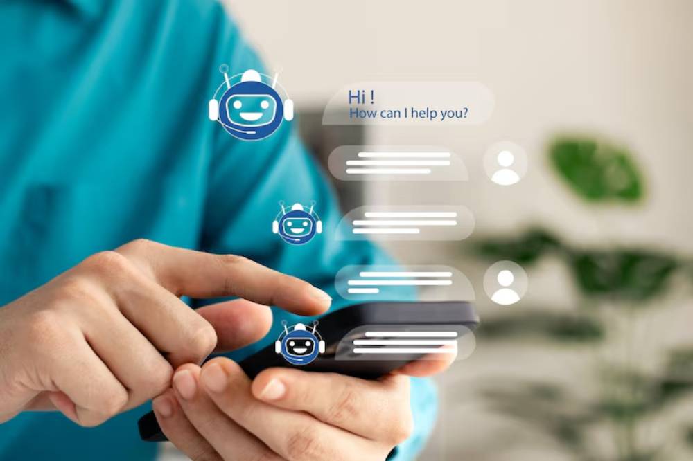 A person in a blue shirt uses a smartphone, engaging with a chatbot. Digital chat bubbles and smiling robot icons convey AI interaction.