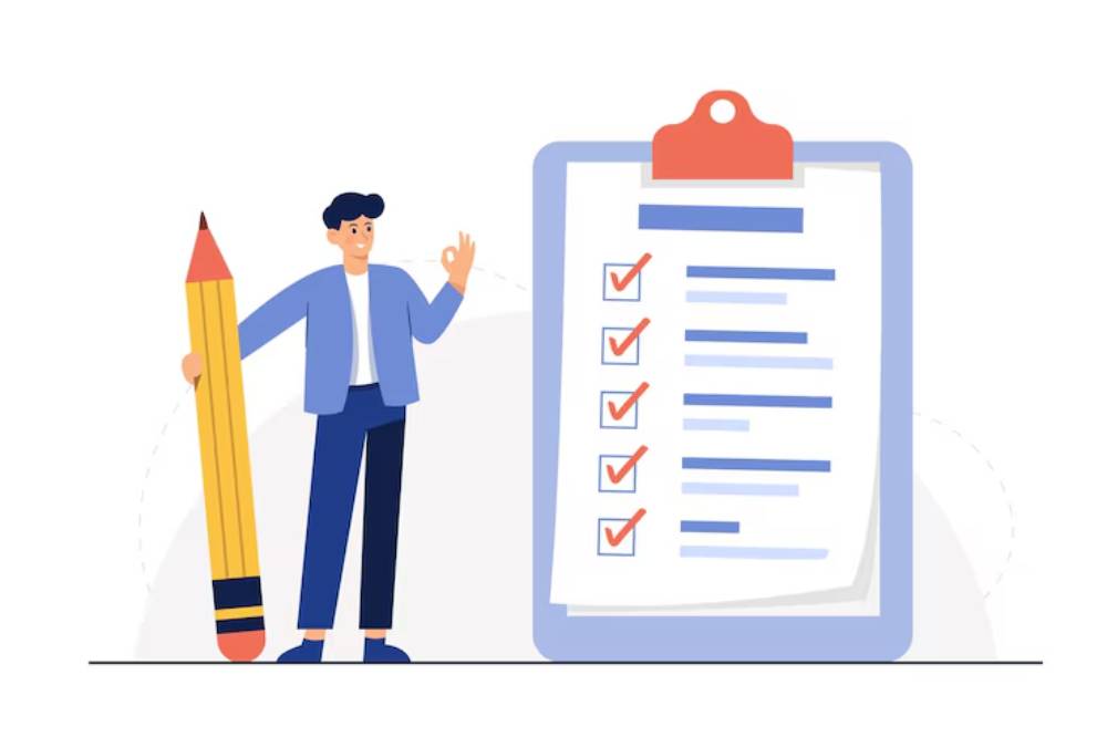 A person stands with a large pencil, next to a clipboard displaying a checklist with multiple checked items.