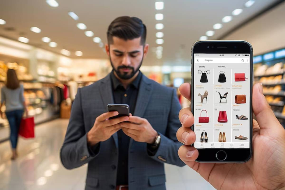 A person in a suit checks a shopping app on their smartphone, showcasing various fashion items against a retail store backdrop.