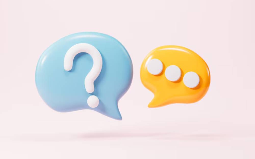 A blue speech bubble with a question mark floats next to a yellow bubble with three white dots, symbolizing conversation and inquiry.