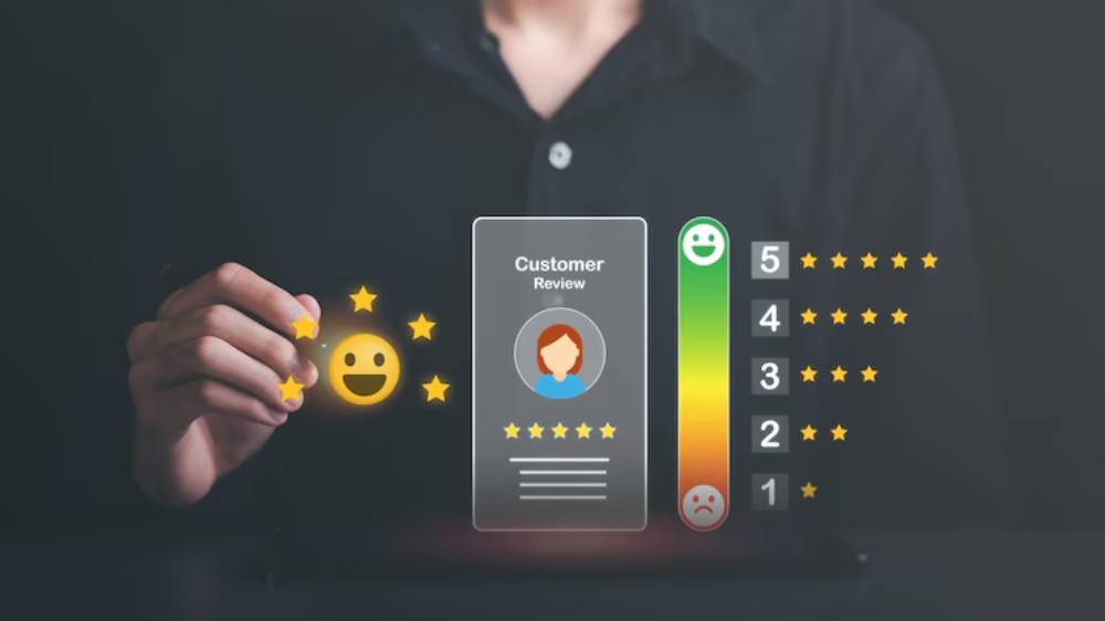 A person interacts with a digital customer review interface displaying star ratings and emoticons, evaluating a service or product.