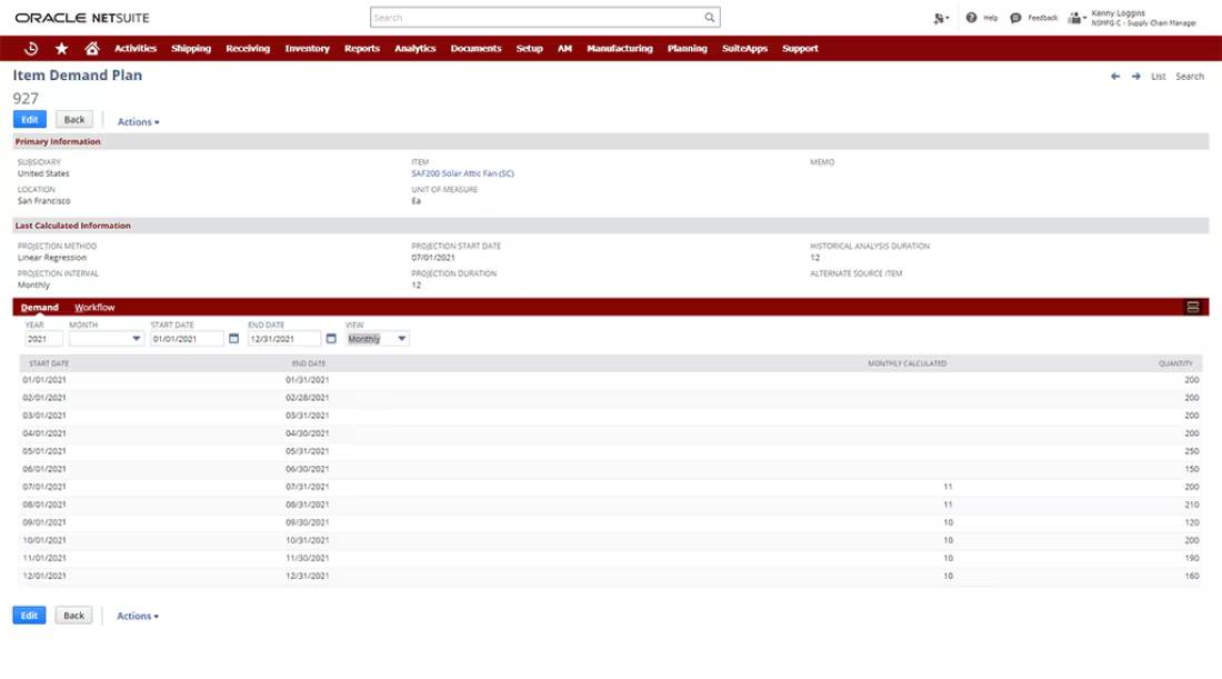 Screenshot of Oracle NetSuite's Item Demand Plan, showing details like item, location, projection dates, and monthly demand quantities.
