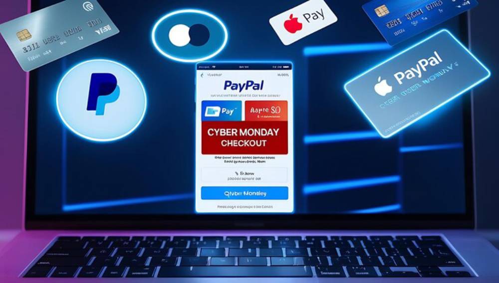 A laptop screen displays a PayPal Cyber Monday checkout page, surrounded by various payment methods, including credit cards and Apple Pay logos.