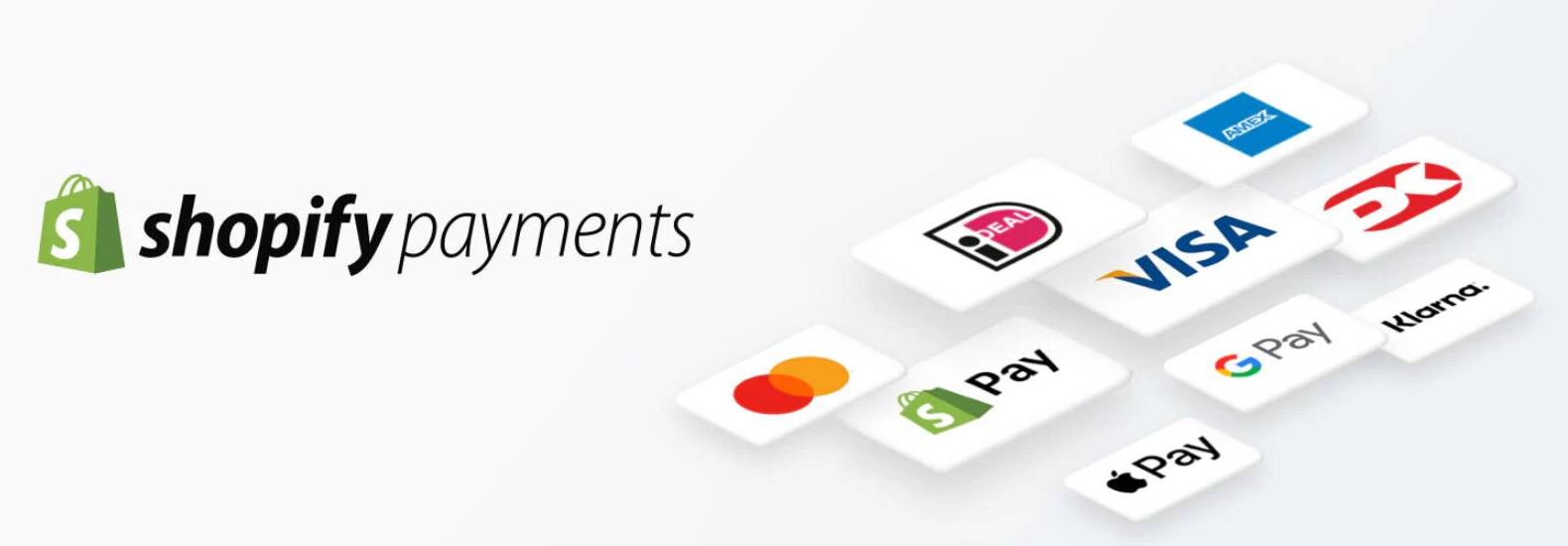 Shopify Payments logo featuring various payment method icons, including Visa, Mastercard, Amex, PayPal, and Klarna, on a light background.