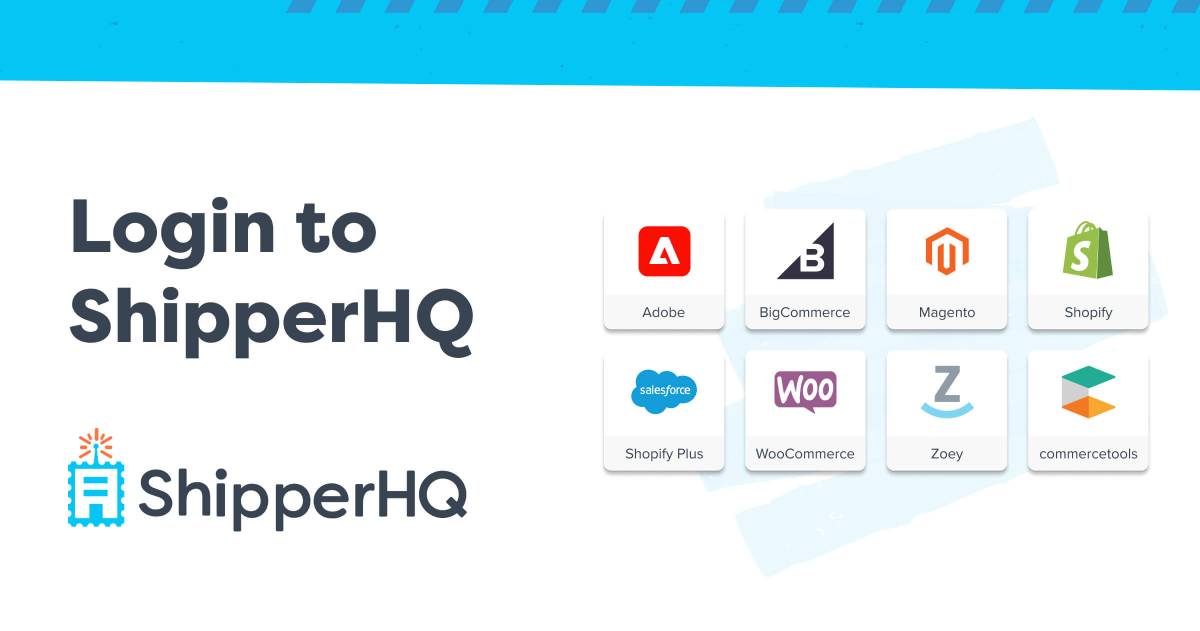 Image showing the ShipperHQ login screen alongside icons for Adobe, BigCommerce, Magento, Shopify, and other e-commerce platforms.