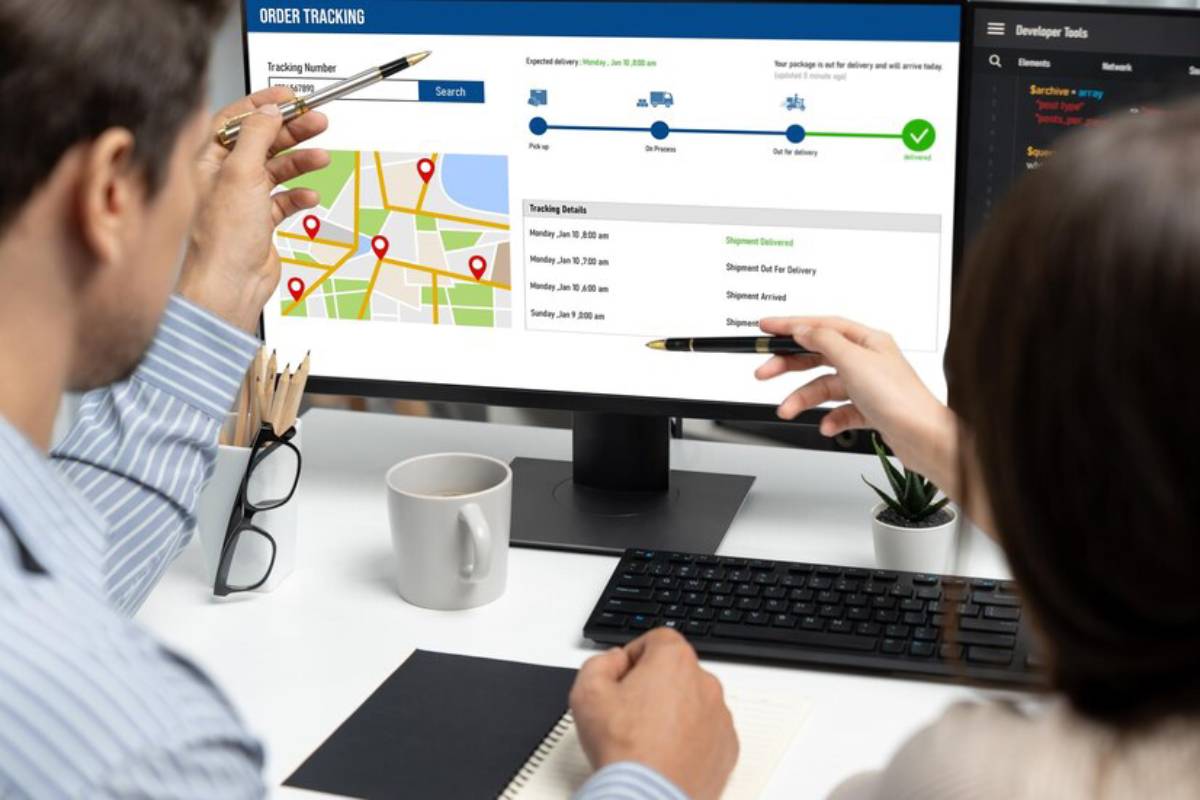 Two people tracking an order on a computer screen, showing a map with delivery locations and shipment status updates.