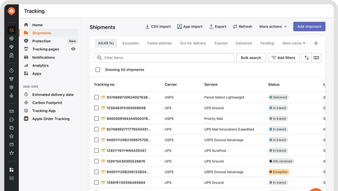 Screenshot of a shipment tracking dashboard displaying tracking numbers, carriers, services, and delivery statuses for multiple shipments.