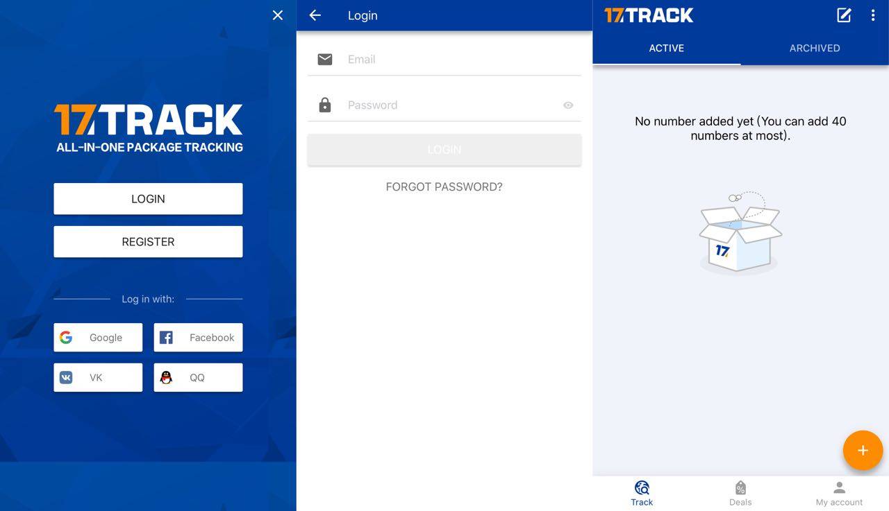 Screenshot of the 17TRACK app interface showing login options, email and password fields, and a notification for adding tracking numbers.
