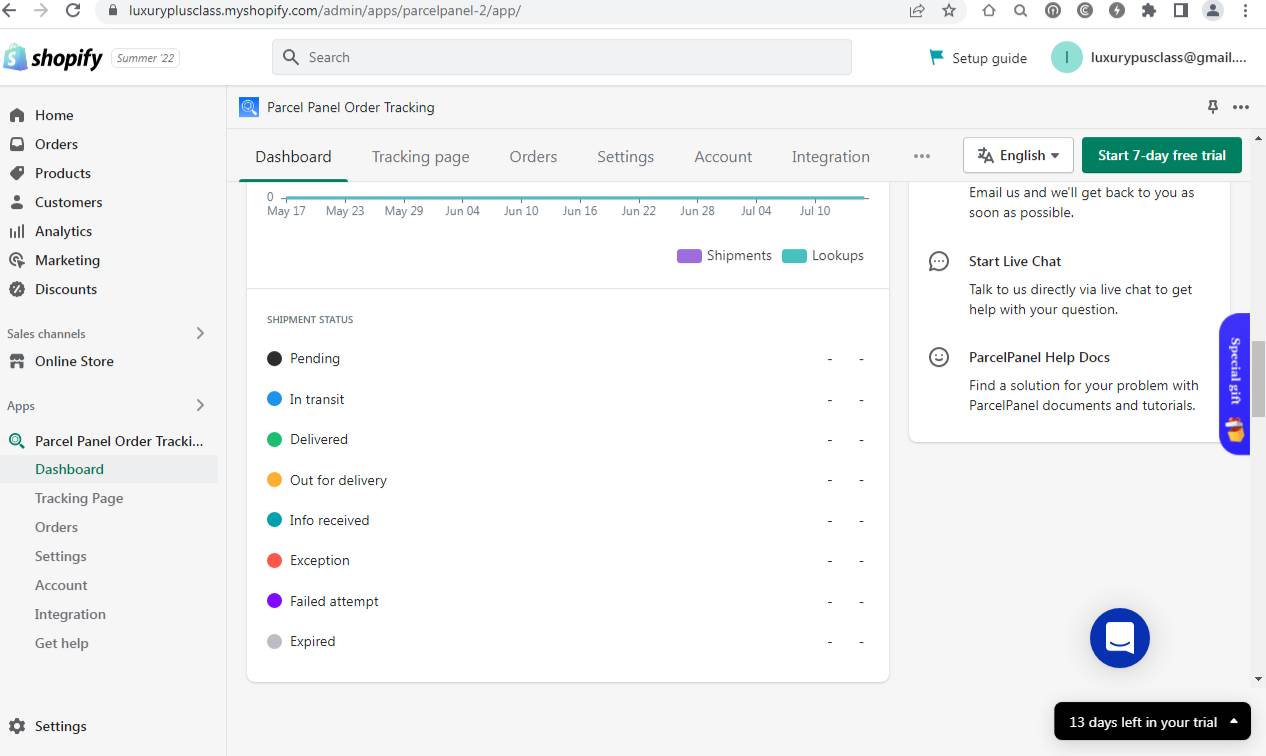 Screenshot of the Shopify Parcel Panel dashboard, displaying shipment statuses such as Pending, Delivered, and Out for Delivery.