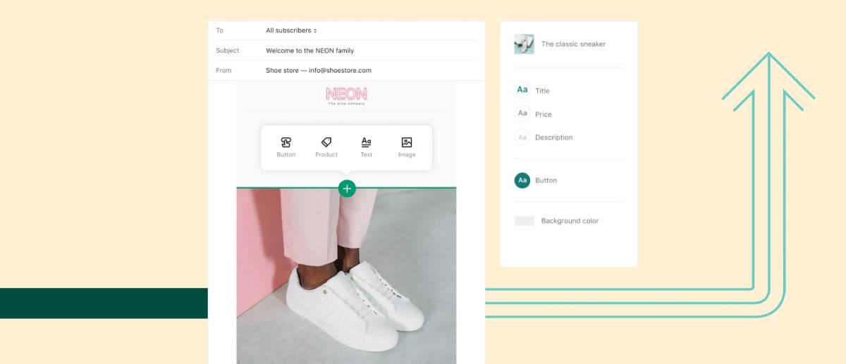 Email template showcasing a modern sneaker, with sections for title, price, description, and buttons, set against a soft background.