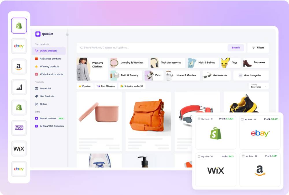 A digital marketplace interface displaying product categories, including clothing and accessories, with profit stats for various stores.