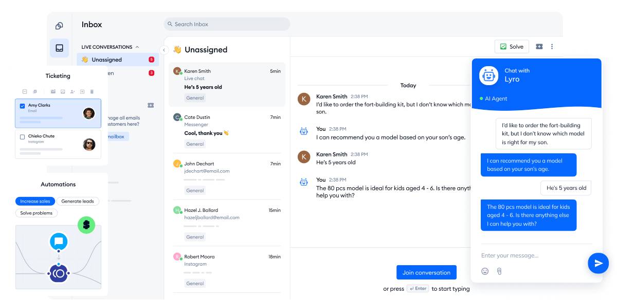 A customer service dashboard displays live conversations, ticketing, and chatbot interactions assisting customers about product recommendations.