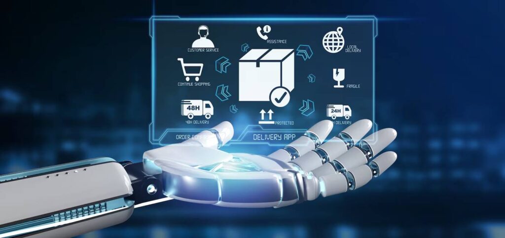 A robotic hand displays a holographic interface for a delivery app, showcasing features like delivery times and customer service options.