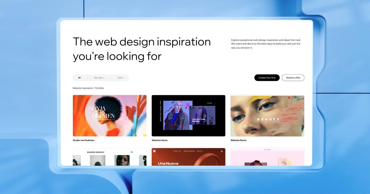 A web design inspiration page featuring various creative portfolio thumbnails, showcasing vibrant and artistic website layouts.