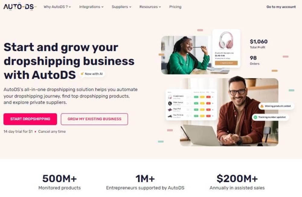 A website promoting AutoDS, showcasing dropshipping solutions, features, statistics, and user engagement with product listings and profits.