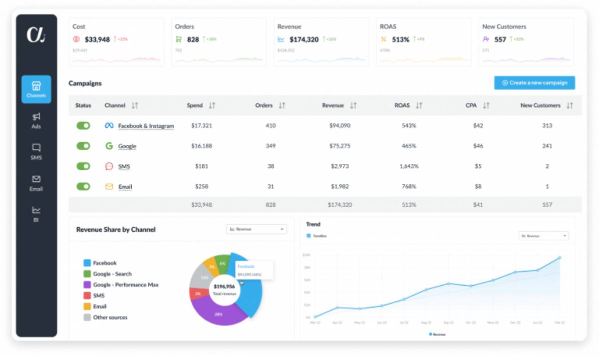 Dashboard displaying campaign metrics including cost, orders, revenue, ROAS, and new customers, with a graphical revenue trend.