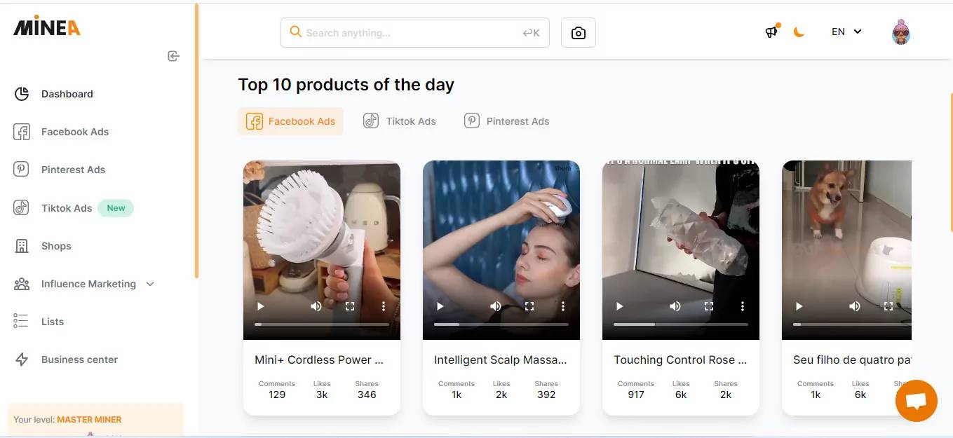 Screenshot of an online dashboard displaying the top 10 products of the day, featuring various video thumbnails and engagement stats.