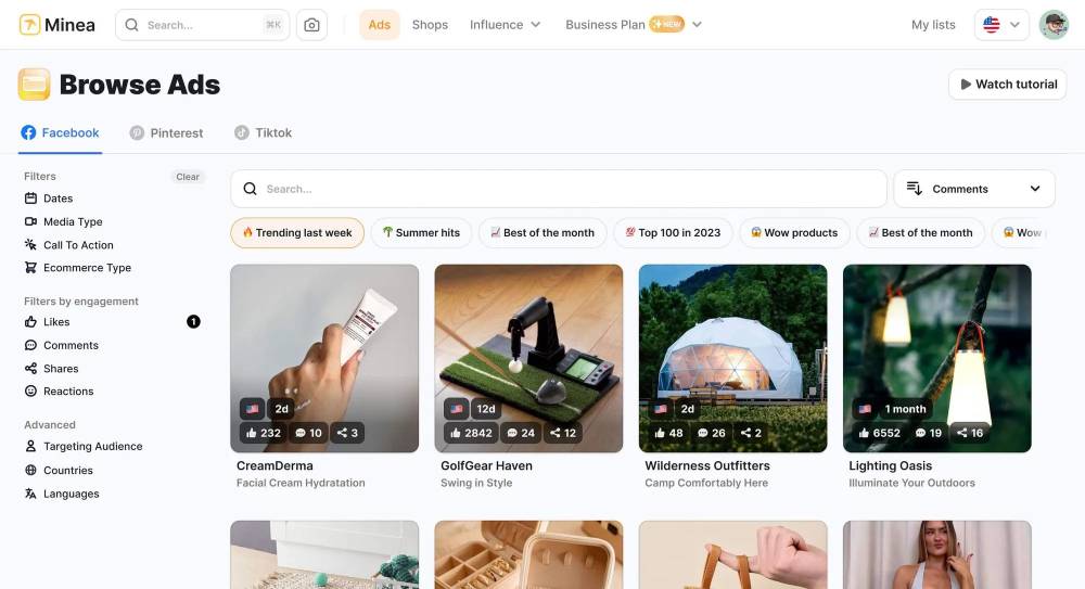 A digital interface displaying various ads, each featuring product images with engagement metrics and filters for sorting results.